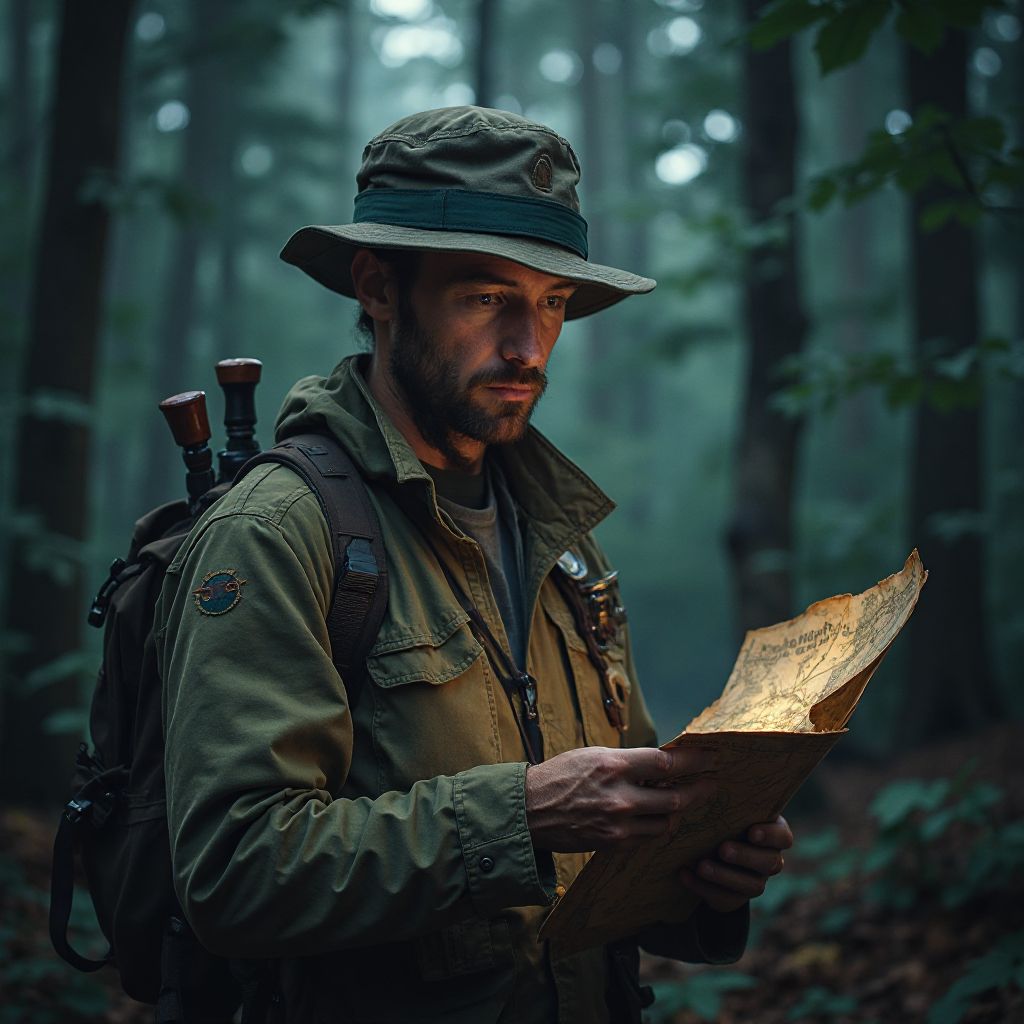 Explorer with compass and map in ancient forest