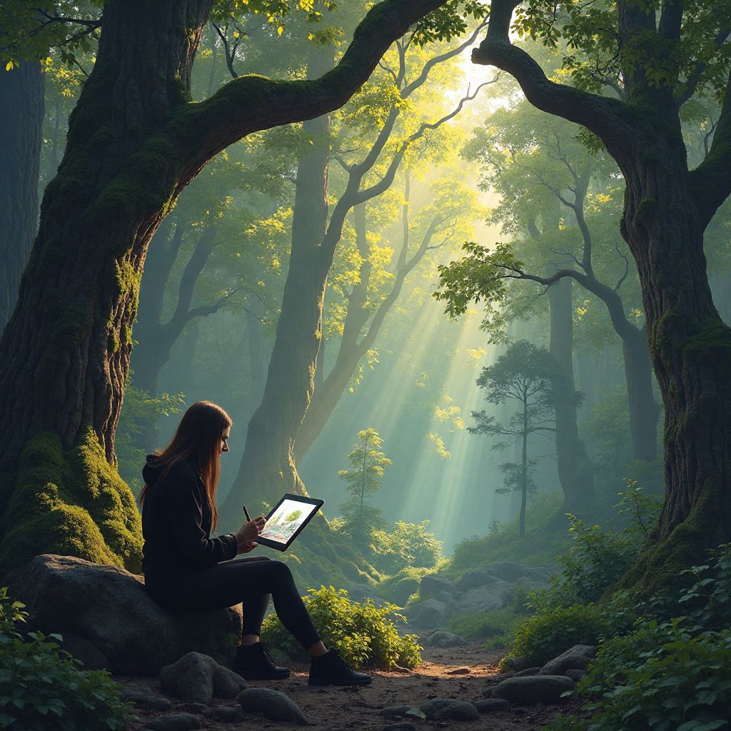 Digital artist sketching in forest