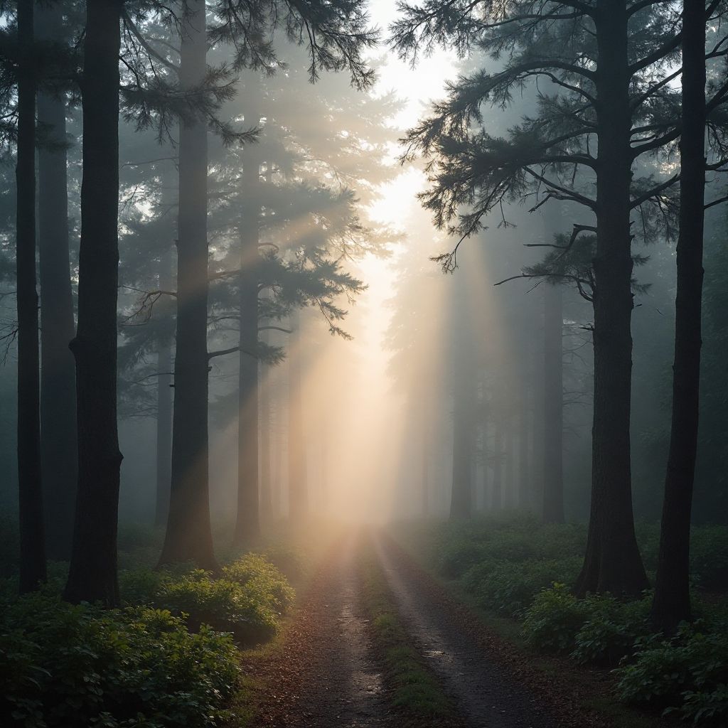Foggy forest path in morning mist