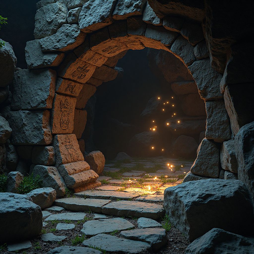 Hidden cave with ancient symbols