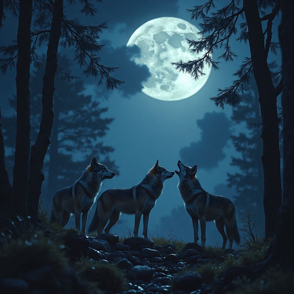 Midnight wolf pack in moonlit forest